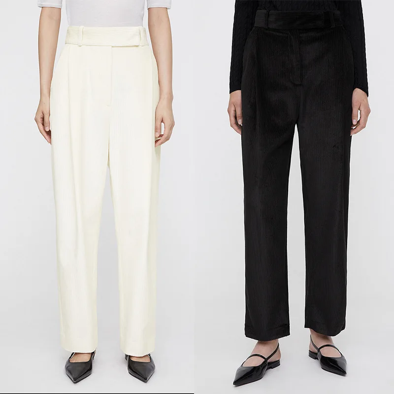 Women Trousers Zipper High Waist Simple Full Length Pants Pleated Straight Solid Corduroy Casual