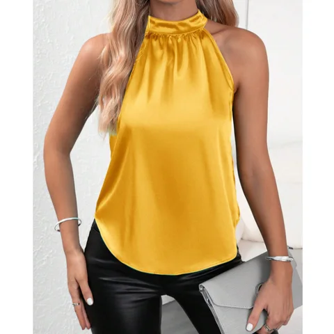 Женская модная однотонная атласная блузка с лямкой на шее
