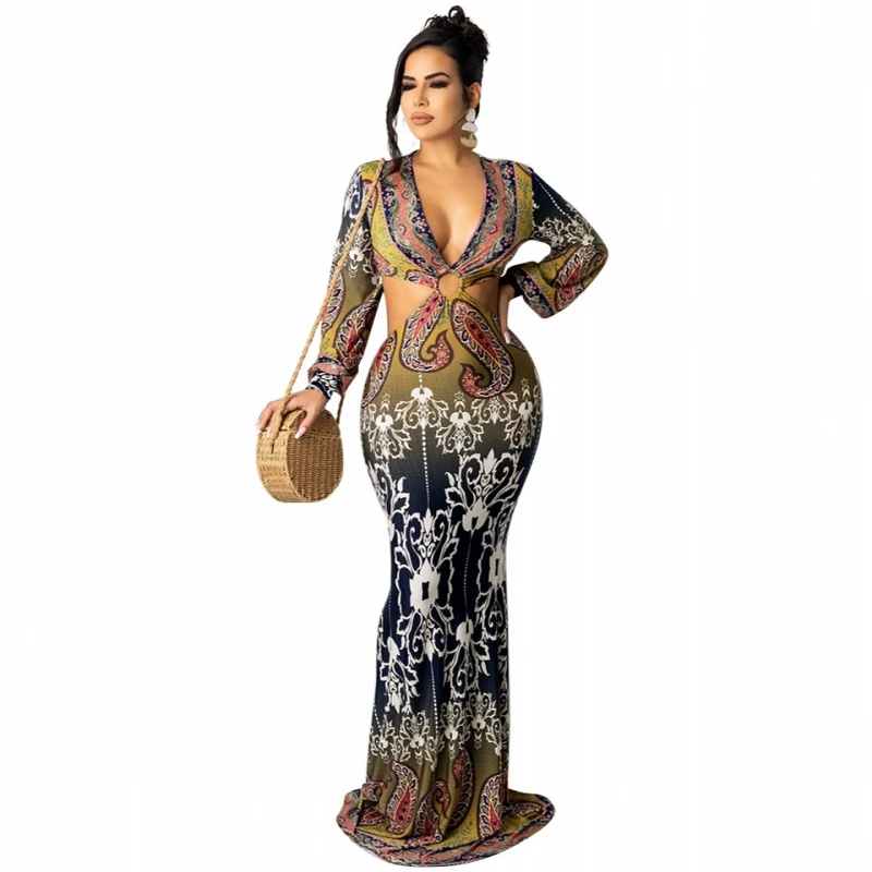

African Dresses For Women V Neck Long Sleeve Robes 2021 New Fashion Flower Print Slim Draped Africa Long Maxi Dress Vestidos