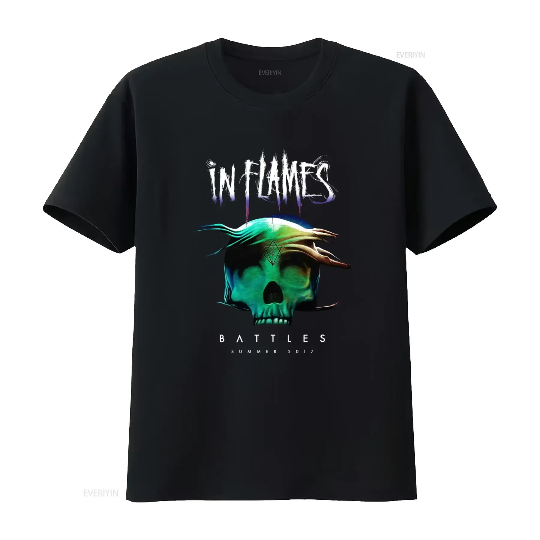 Фото Мужская футболка In Flames Battles 2017 Summer Tour с изображением черепа, маленький размер, черная, винтажная, с эффектом потертости, универсальная дизайнерская одежда, стильная уличная одежда №1