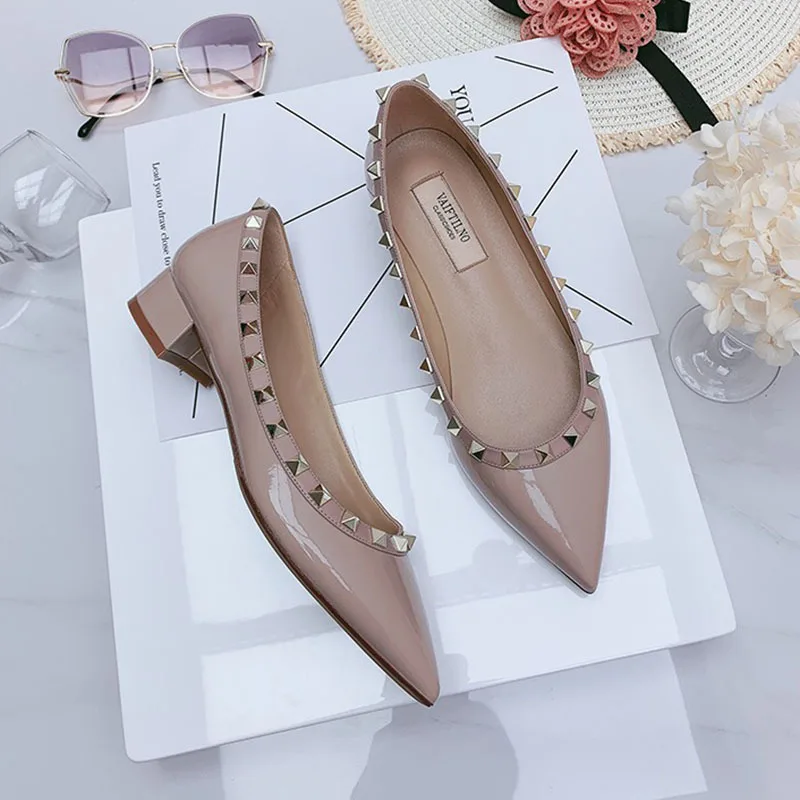 New Versatile Pointed High Heels Women's Shoes Shiny Metal Rivet Genuine Leather Black Pumps Low Heels 3cm Sexy Wedding Shoes 41