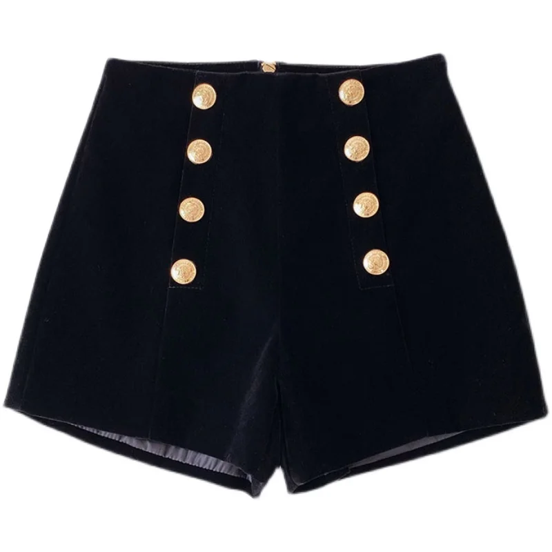 Golden Velvet Black High Waist Shorts For Women Autumn Winter Temperament Double Breasted Wide Leg