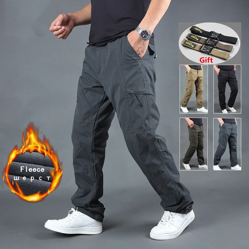

Мужские зимние брюки-карго, толстые флисовые уличные штаны для кемпинга, охоты, работы, множество карманов, прямые военные водонепроницаемые брюки