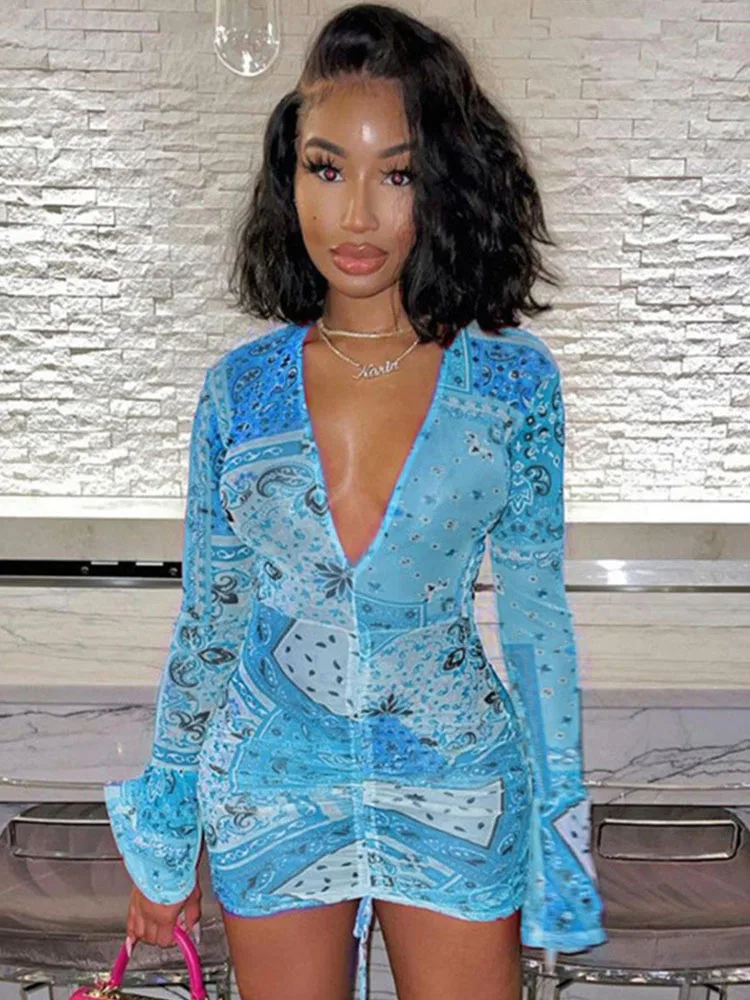 

Summer Sexy Retro Print Neon Dress Women's V-neck Long Sleeve Fashion Clothing Casual Party Bodycon Mini Dress 2023 New