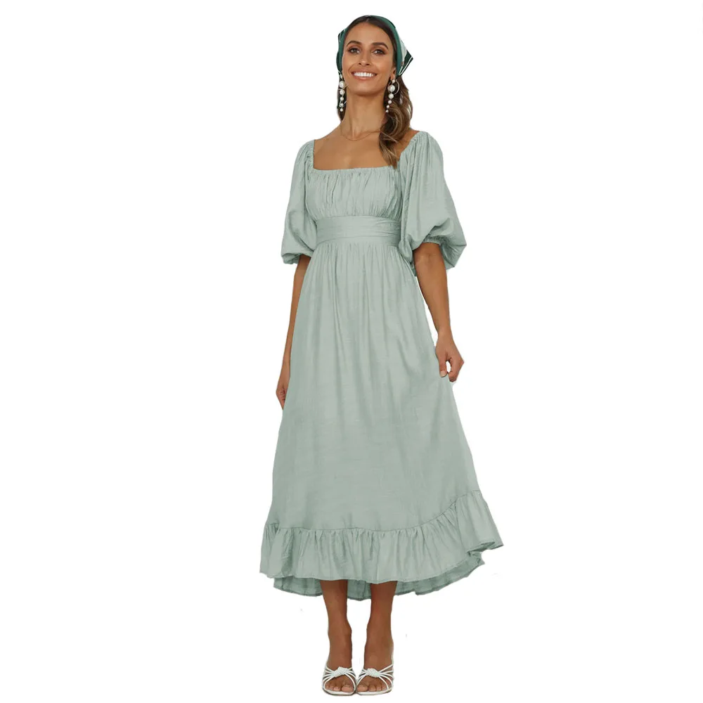 

New Women Dress Solid Color French Literary Ladies Square Neck Lantern Sleeve dress Fashion Open Back Straps High-end Dresses