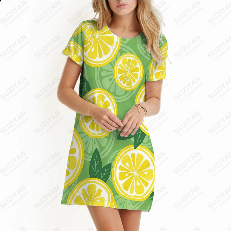 2023 Women's Summer New Fashion Hawaiian Beach Dress Lemon 3D Printed Short Sleeve T-shirt Women's Round Neck Knee Length Skirt images - 6