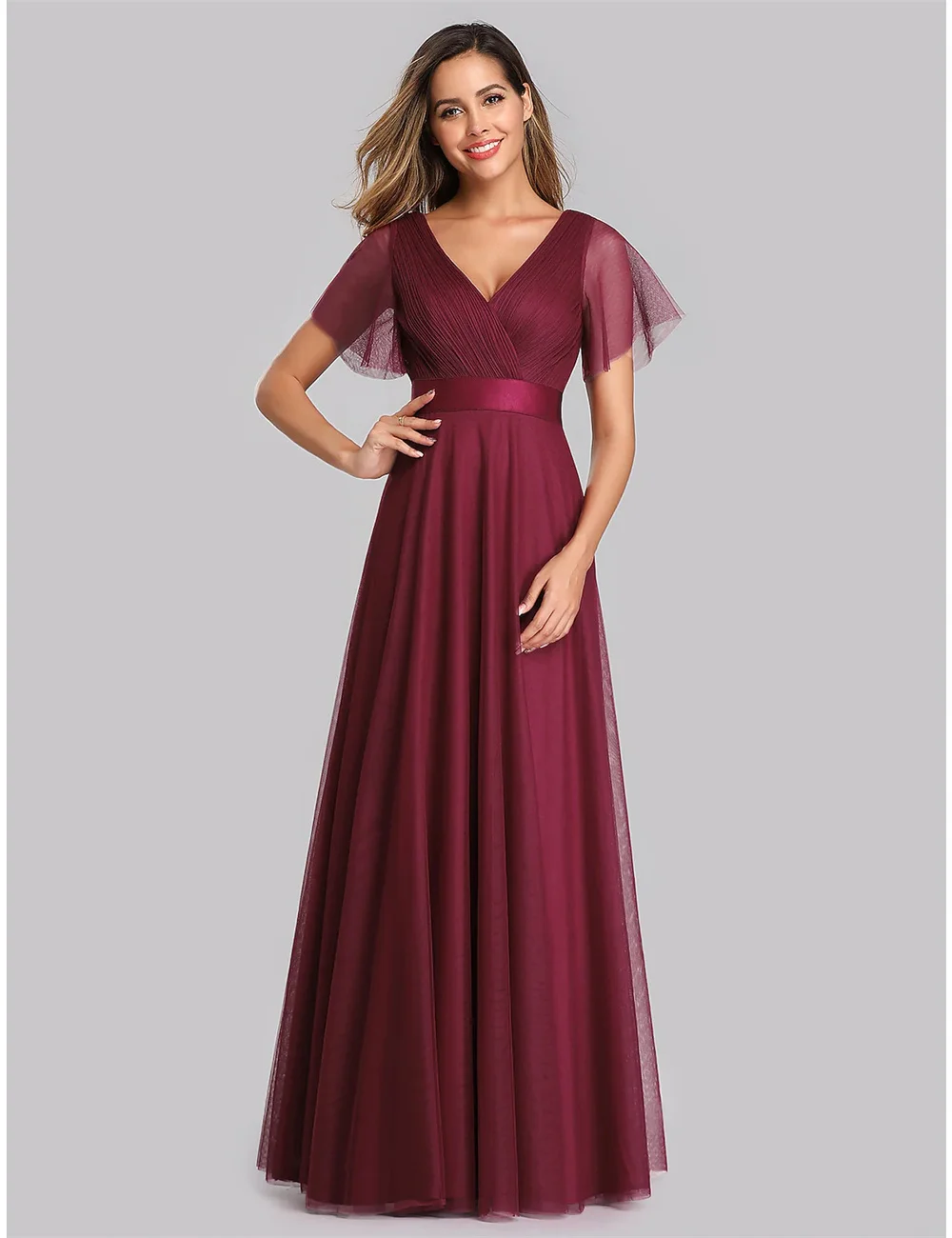 

Formal Occasion A-Line Empire Wedding Guest Prom Dress V Neck V Back Short Sleeve Floor Length Chiffon with Pleats Ruched 2023