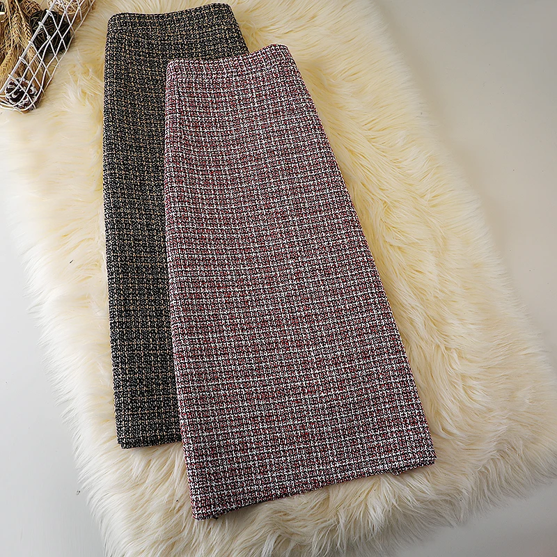 

Vintage Woolen Plaid Skirt Women Knee Length Split One Step Autumn Winter Small Fragrance A-line