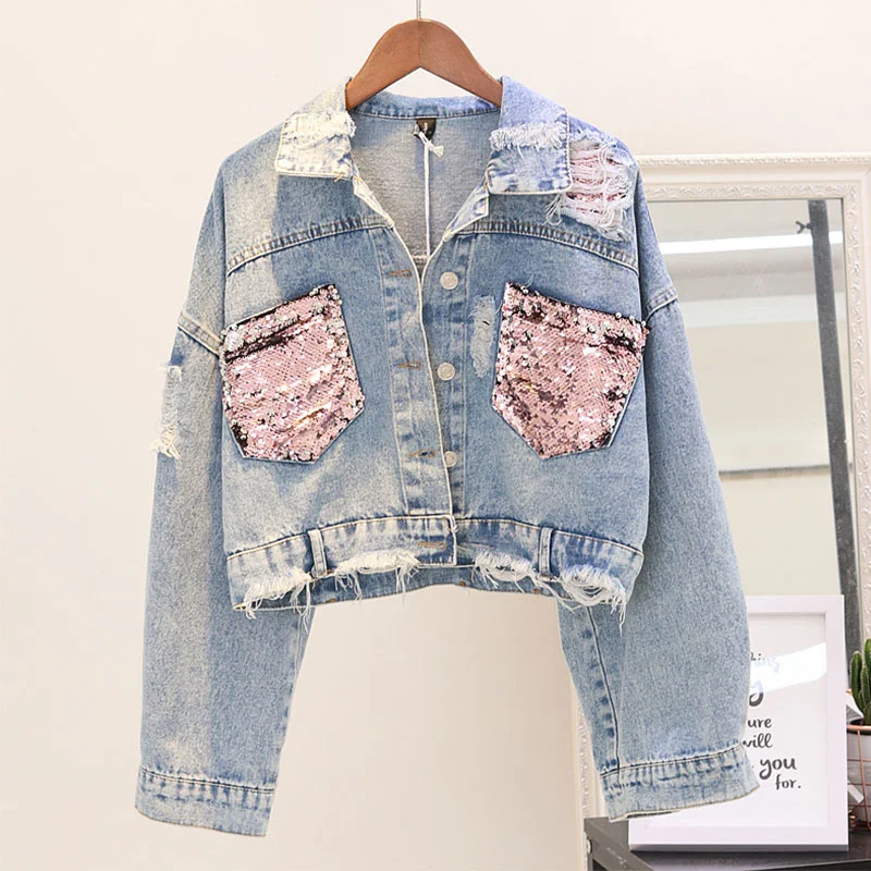 

Fashion Hole Jean Jacket Women Spring Sequin Pocket Short Denim Jacket Splice Autumn Female Jacket Bomber Jackets