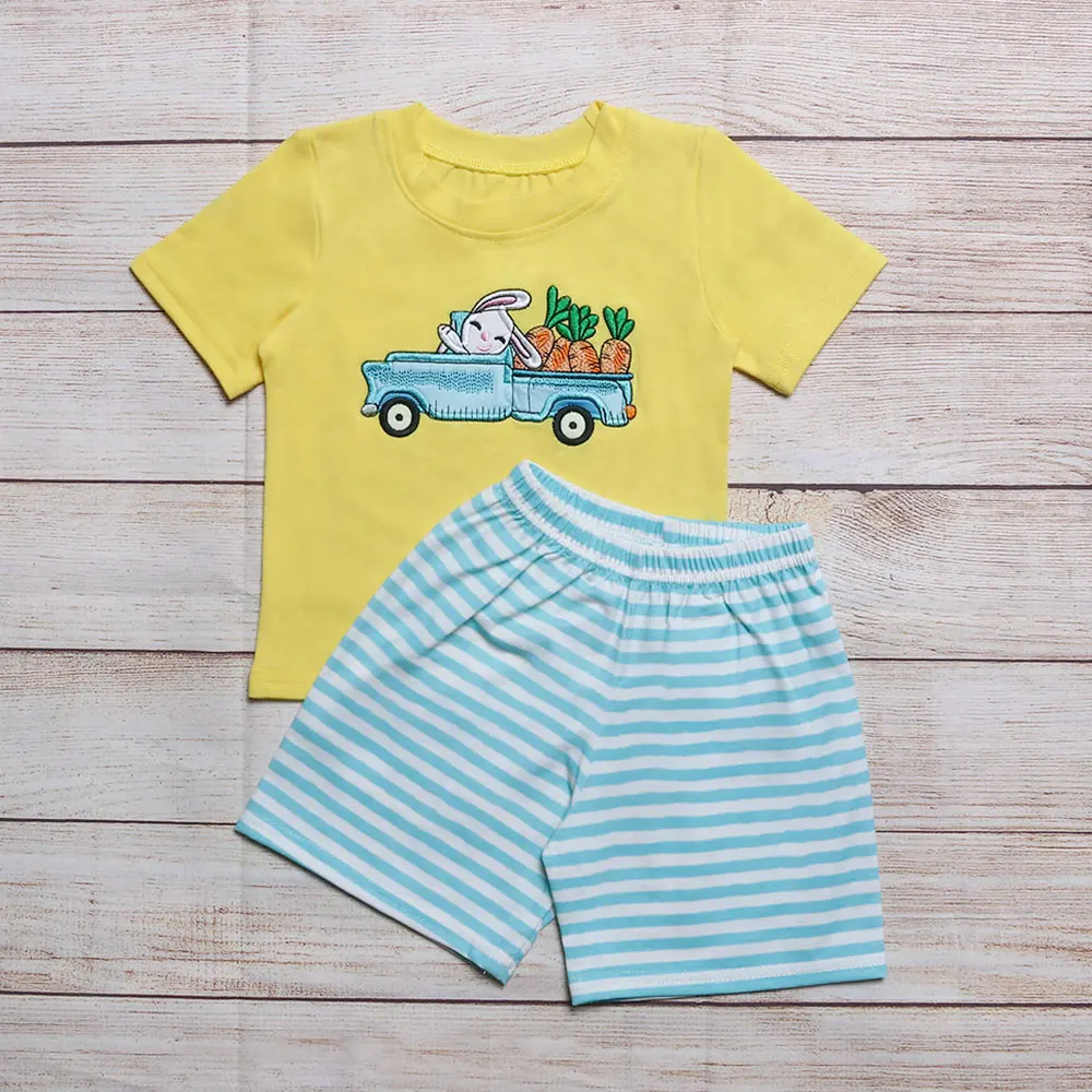 

1-8T Easter Summer Boy Clothes Short Sleeve Top And Blue Striped Shorts Yellow 2pcs Outfit With Pattern Rabbit Truck Embroidery