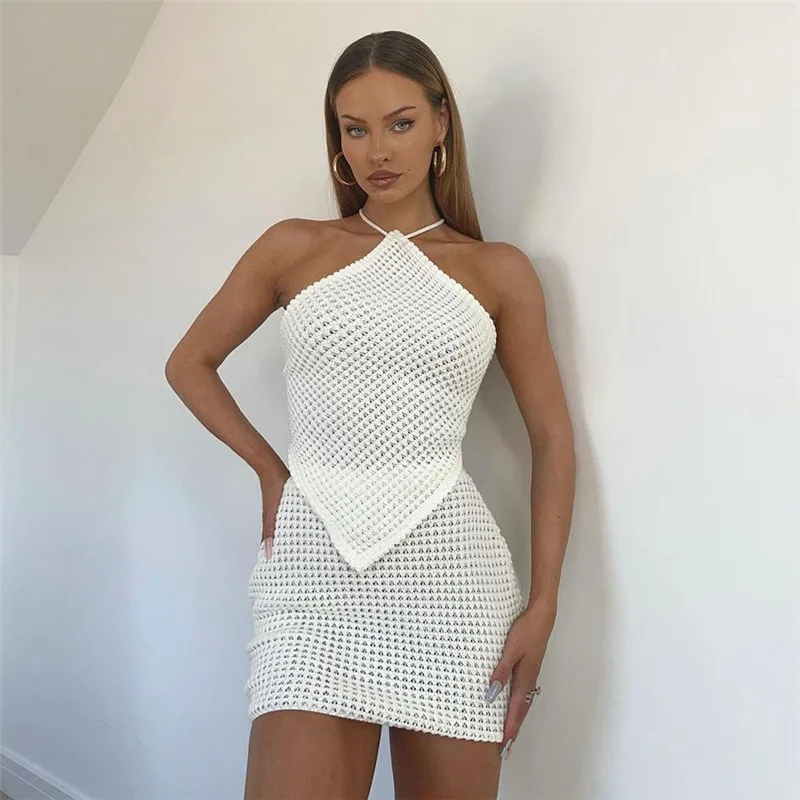 

Y2K Sexy Knit 2 Piece Sets Women Diamond Lace Up Backless Top Skinny Elastic Mini Skirt Suits Female Summer Club Outfits