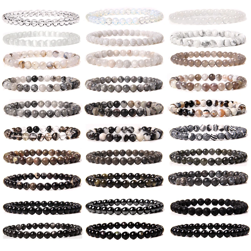 

Natural White Grey Black Beaded Bracelet Men Friendship Stone Quartz Bead Bracelet Women Jewelry Wholesale Dropshipping