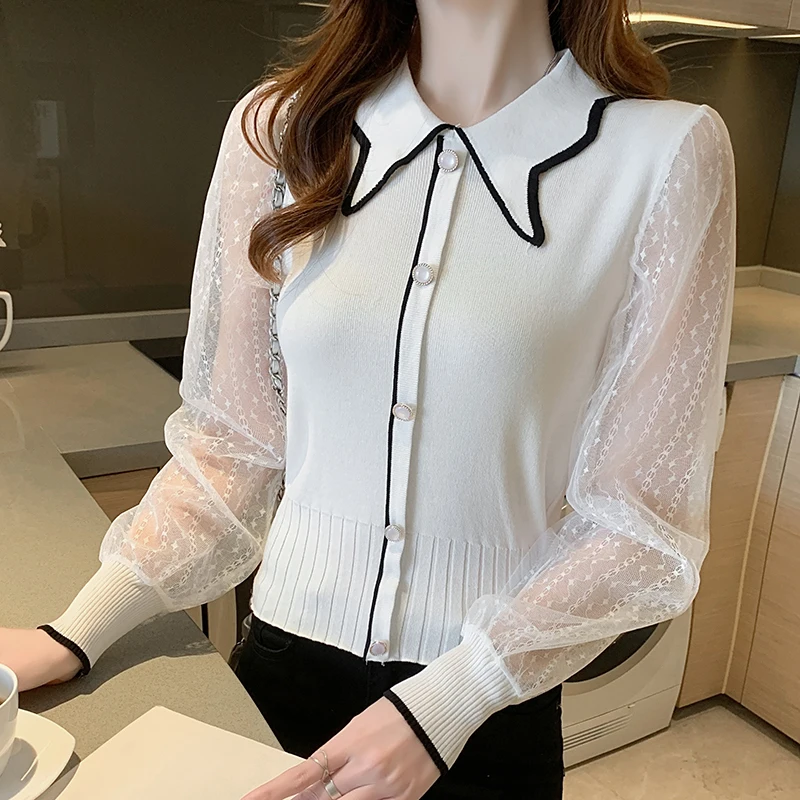 

Вязаный свитер, Женский Топ, милый корейский модный сетчатый лоскутный эластичный кружевной свитер с длинными рукавами, Прямая поставка, ве...