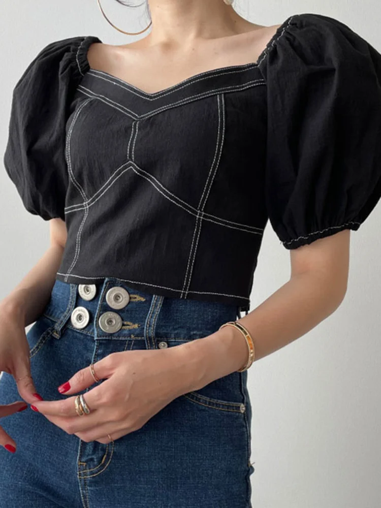 

Корейская шикарная модная узкая Тонкая блузка с квадратным вырезом и рукавами-фонариками, женские короткие топы, Новинка лета 2022, стиль B509