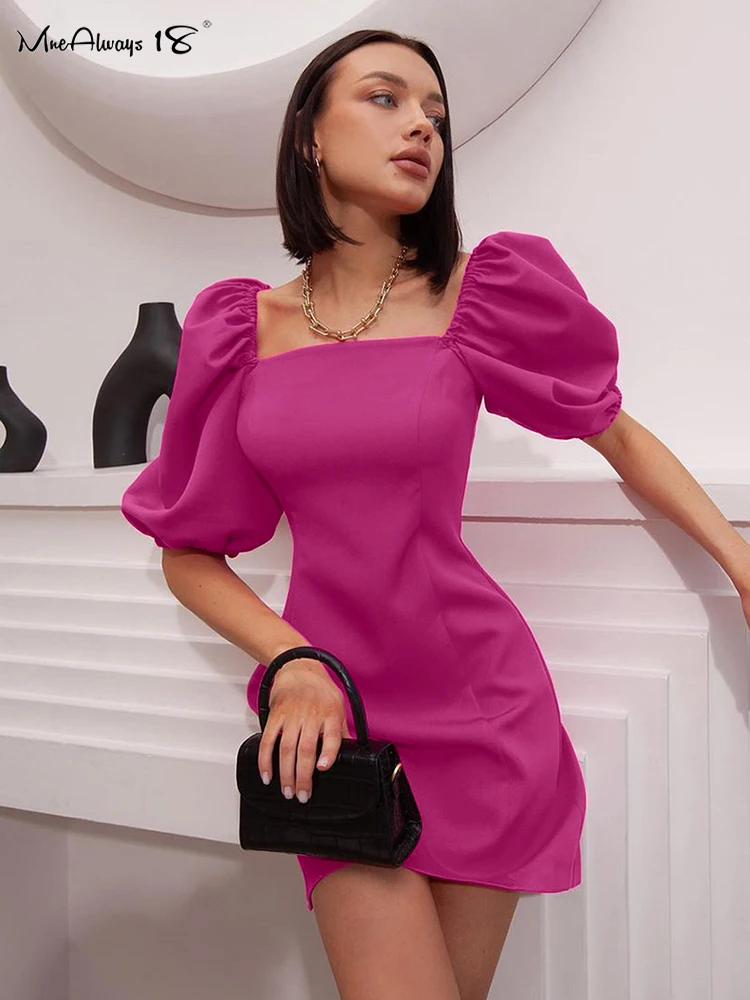 

Mnealways18 Party Puff Short Sleeves Elegant Dresses For Women Ruched Summer Mini Dress Square Collar Evening Bodycon Dress 2022