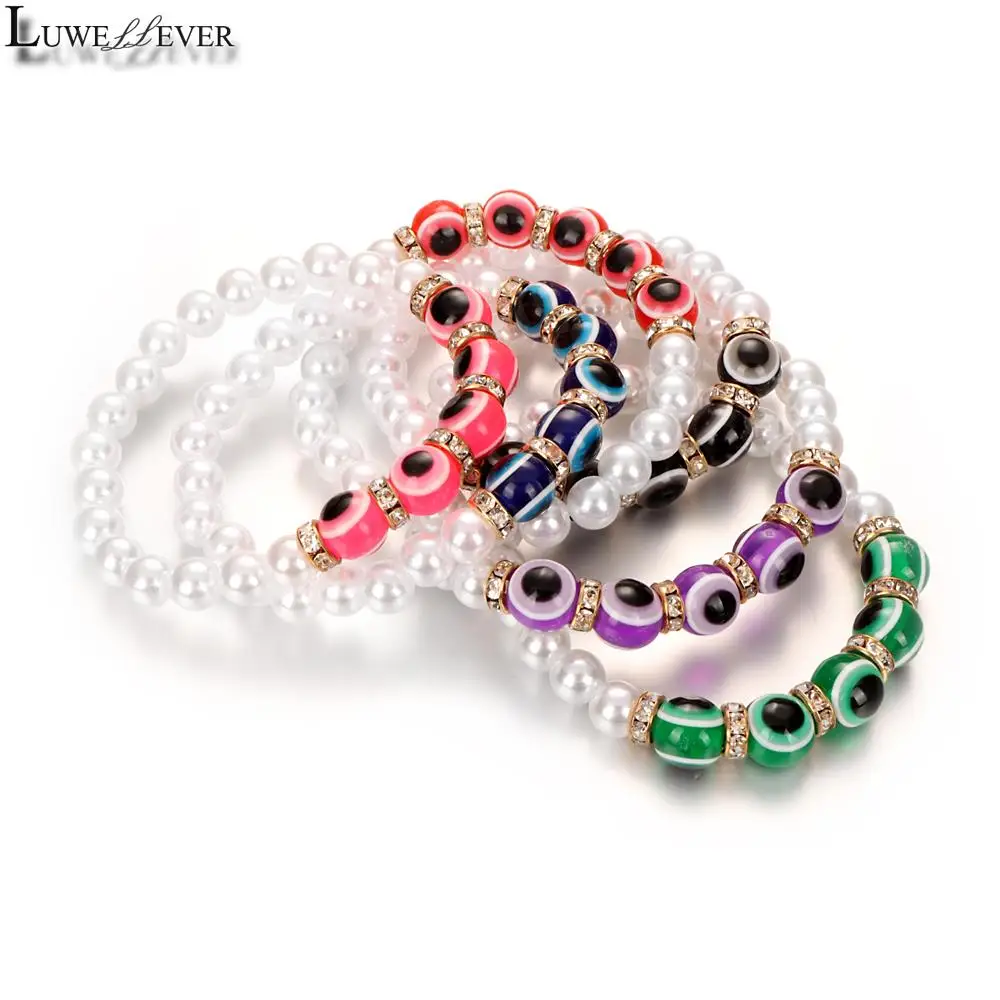 

Fake Pearl Blue Eyes Expandable Rhinestone Bead Stretch 305 Strand Bracelet Bangle Charm Jewelry Women Gift