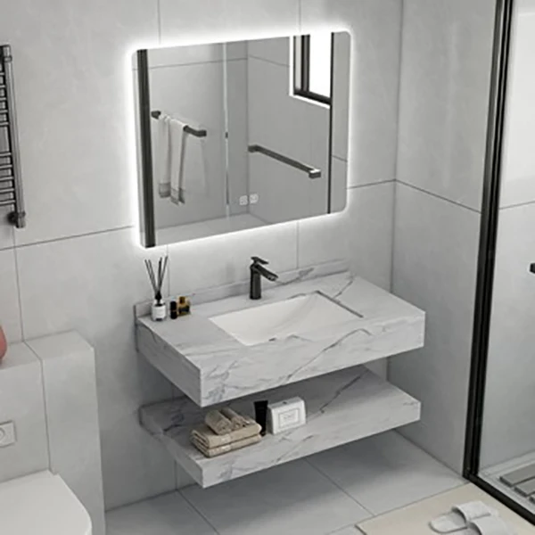 

Europe luxury style washroom wall mounted marble basin vanity cabinet Bathroom Rock Slab Sinks with smart LED Mirrored Cabinets