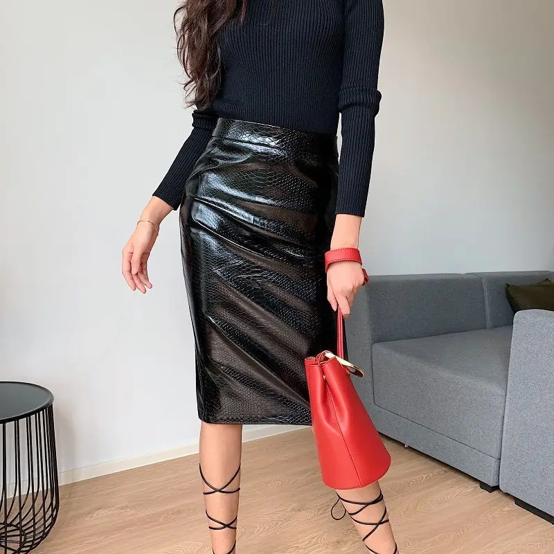 

Women PU Leather Skirt Female Bight Color High Waist Skirt Office Ladies Work Wear Black Party Vintage Leather Slim Skirts G556