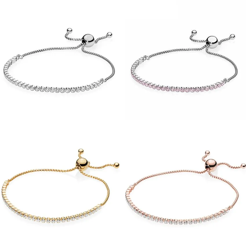 

Authentic 925 Sterling Silver Clear & Pink Classic Tennis Sparkling Strand Adjust Bracelet Bangle Fit Bead Charm Pandora Jewelry
