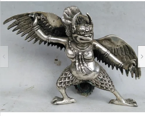 

20CM Chinese Old Tibet Tibetan Silver Copper Hand Carved Redpoll Winged Garuda Statue