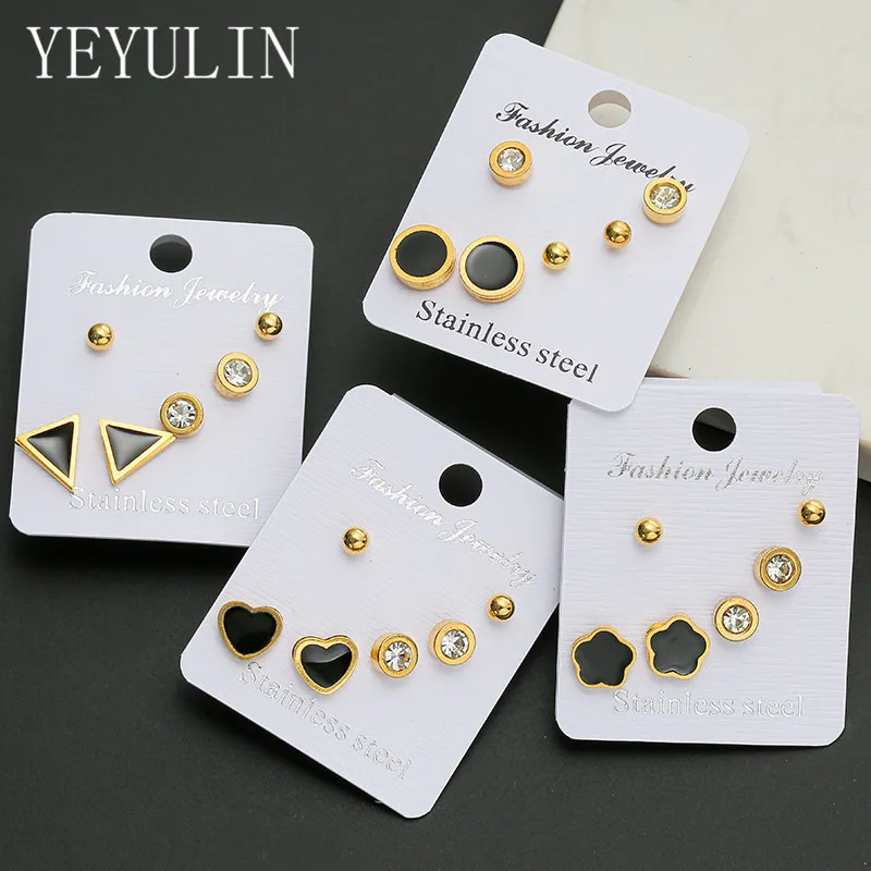 

3pairs/set Enamel Geometric Round Flower Shape Stud Earrings Set for Women Girls Rhinestones Earrings Ear Stud Jewelry Gifts
