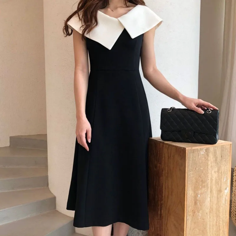 

Korean Pencil Dress for Women Elegant Office Wear Summer Sleeveless Lapel Collar Bodycon Mini Dresses Formal Ladies Clothing