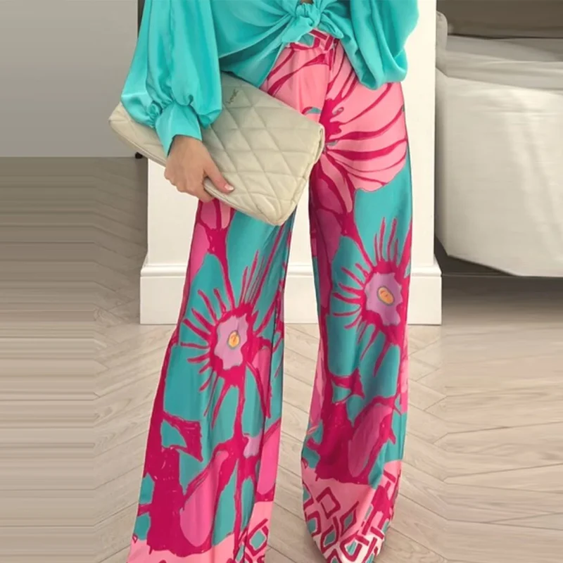 

2023 Bohemian Loose Beach Trousers Fashion Elastic High Waist Wide Leg Pants Summer Women Streetwear Printed Office Long Pants