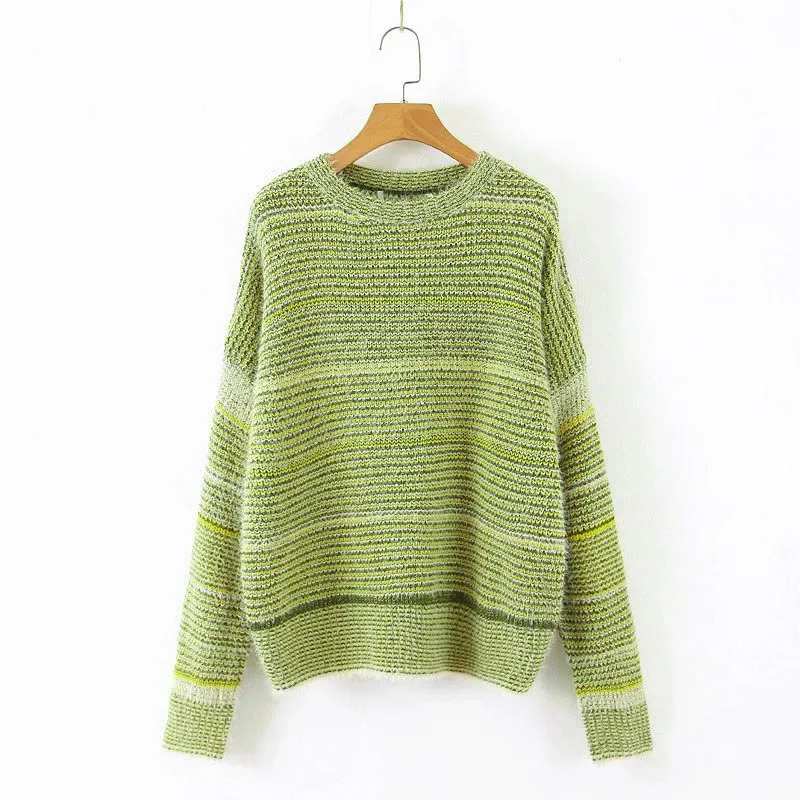 

Women Green Stripped Sweater Spring Autumn O Neck Long Sleeve Casual Loose Tops 2023 New Fashion Oversized Green Stripe Sweaters