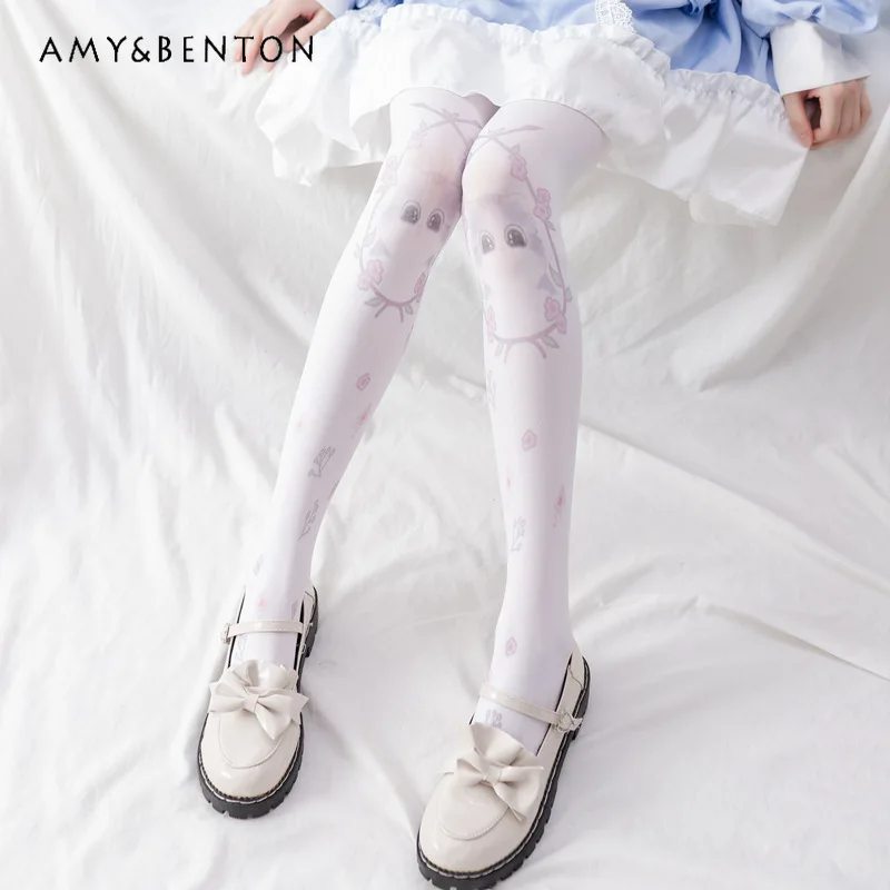 Колготки женские с мультяшным принтом милые шелковые чулки до бедра в японском