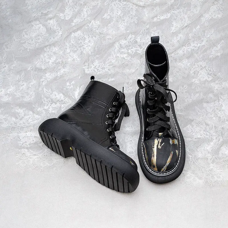 Ankle Boots Leather Women Flat Platform Short Booties Fashion Pu Leather Female Autumn Winter Boots Platform Shoes