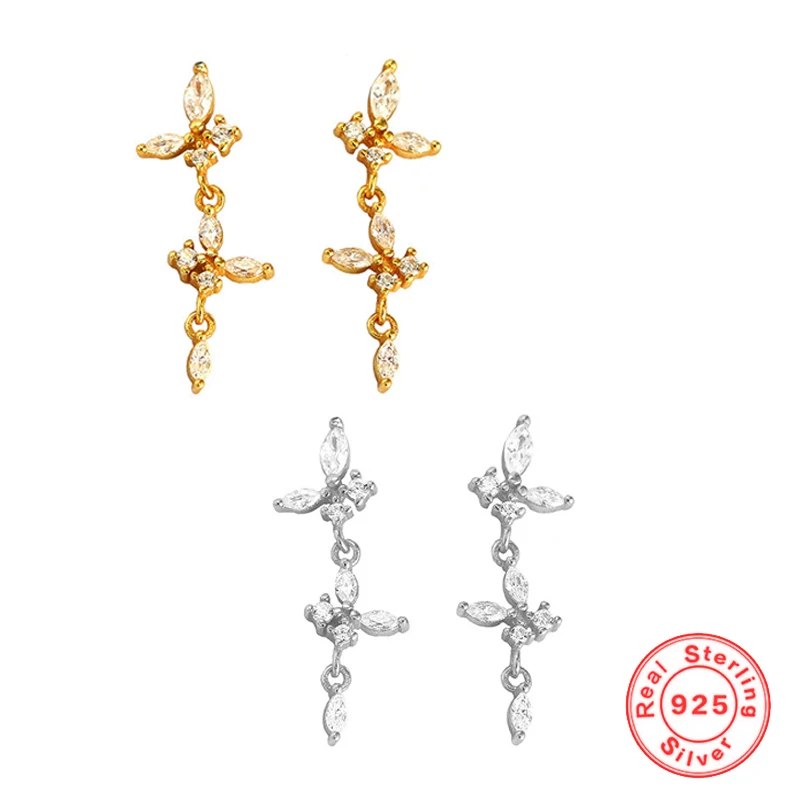 

Korean Style 925 Sterling Silver INS High-end Butterfly Tassel White Crystal Zircon Stud Earrings Gold/Silve Color for Women