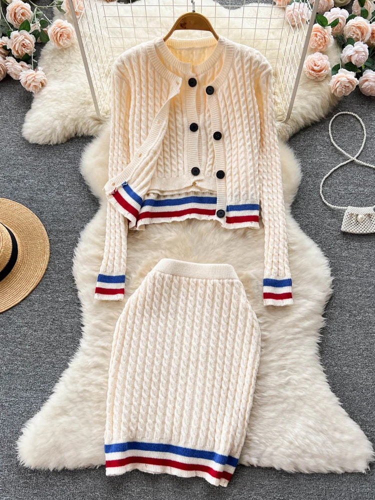 

Autumn Winter Women Skirt Temperament Long-sleeved Sweater Cardigan Coat Sleeveless Vest Top Half Body Three-piece Set D1937