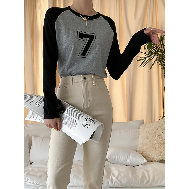 

French contrast color raglan sleeves bottoming shirt fleece t-shirt long-sleeved T-shirt 2023 spring, spring and summer new