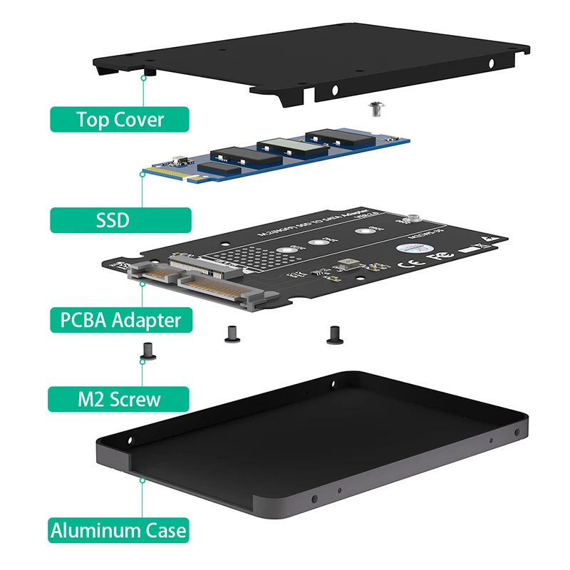 Переходник M.2 SATA SSD B KEY для SATA3.0 2 5 дюйма корпус 7 мм алюминиевый внешний черный 2230