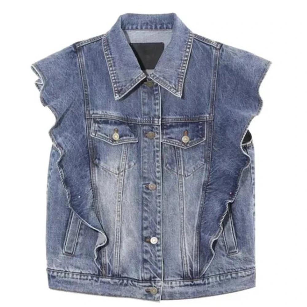 

Retro Design Polo Collar Waistcoat Ruffles Edge Denim Vests Women Single-breasted Sleeveless Jacket Female Outwear Tops Coats
