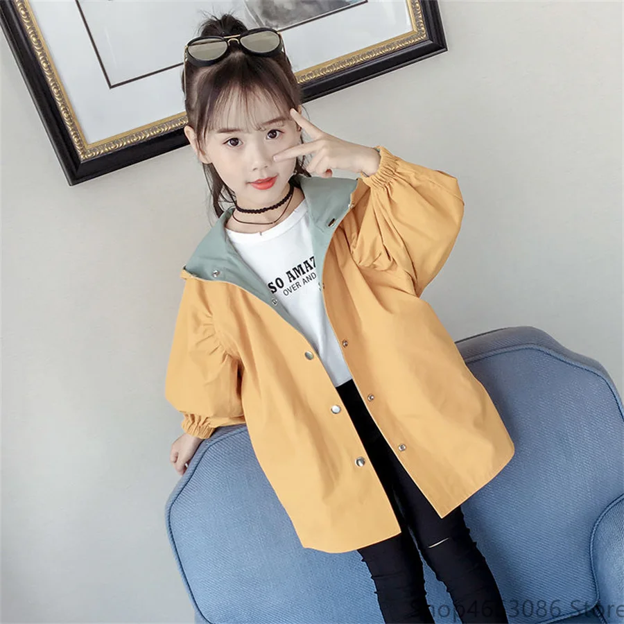 

Teenage Girls Windbreaker Jacket Spring Autumn Hooded Outerwear Girls Clothes Children's Trench Coat Clothing