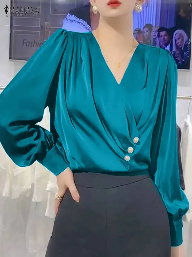 

ZANZEA Elegant Blouse Women Wrap Cross Satin Silk V Neck Tunics Casual Puff Long Sleeve Shirt Autumn Buttons Pleats Commute Tops