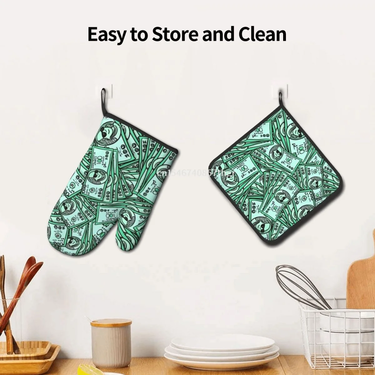 

2 pcs money pattern Polyester Oven Glove Heatproof Mitten Oven Mitts Potholder mat for Kitchen Retro pattern Insulated Gloves