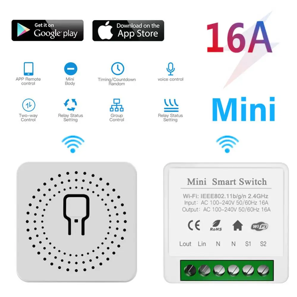 

16A Tuya Smart Home Mini Smart Switch Module Timer Wireless Switches Automation Mobile App Control Alexa Smart Home Gadgets