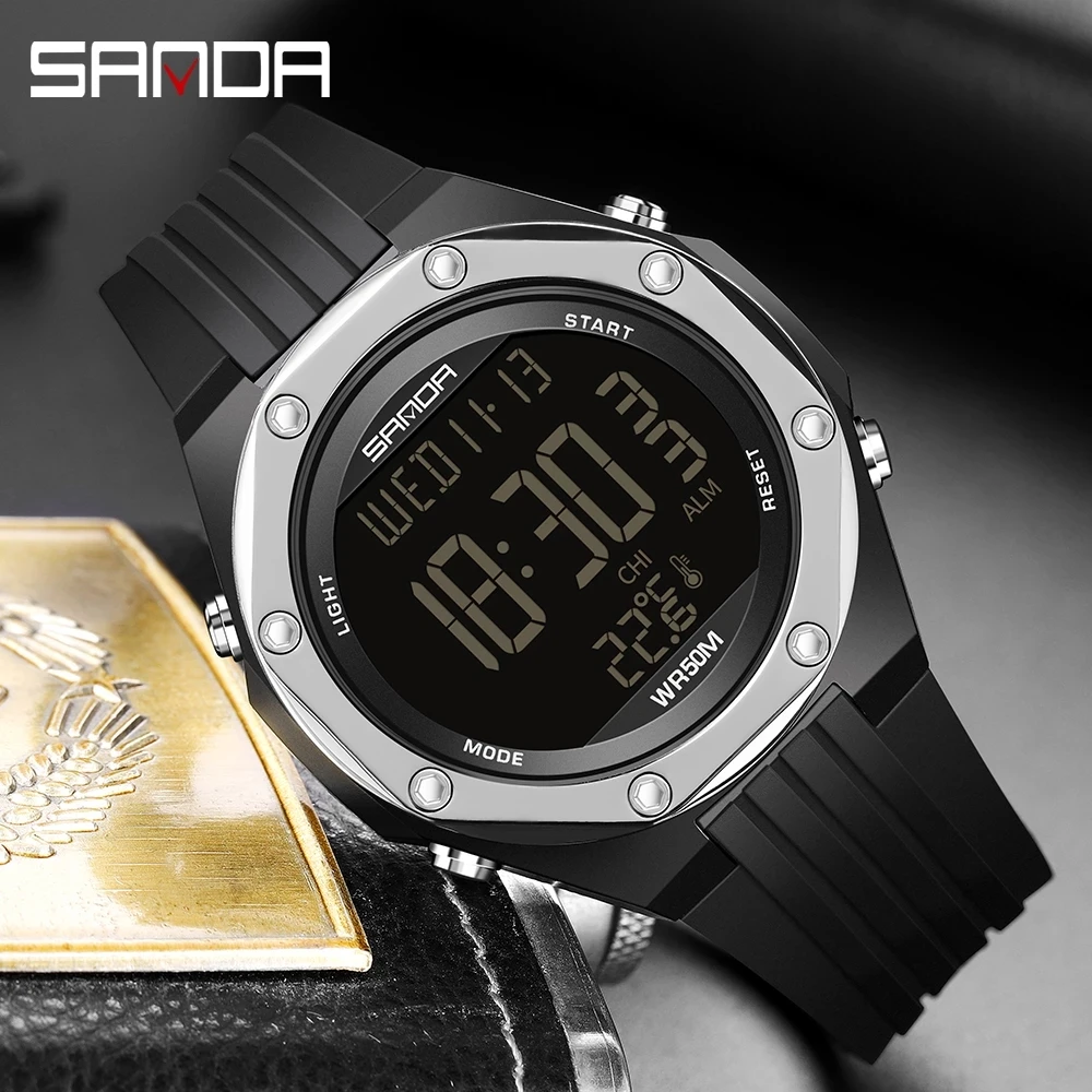 

SANDA NEW Fashion Military Men's Watches Body Temperature Monitor 50M Waterproof Sports Watch LED Electronic Wristwatches 6028