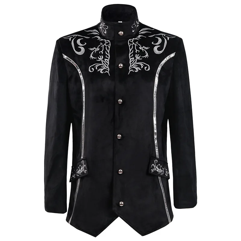 

Men's Embroidery Black Jacket Medieval Victorian Vintage Coat Gothic Steampunk Overcoat Halloween Costume Carnival Party Uniform