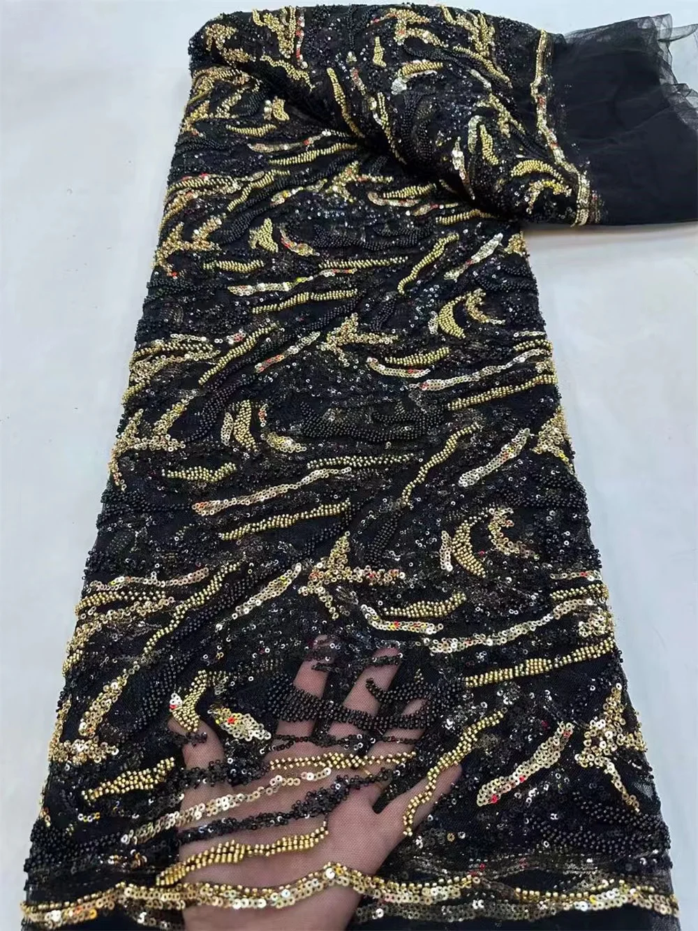 

Black Luxury African Heavy Beaded Lace Fabric 2023 High Quality 5 Yards Nigerian Sequins Tulle 3D Fabric Material For Wedding