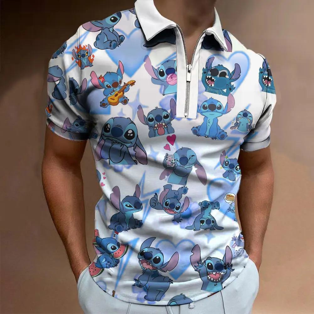

Summer New Fashion Men Polo Shirt Zipper Disney Lilo Stitch 3D Print Cool Man Oversized Clothing Tops Cartoon Male Polos Shirts