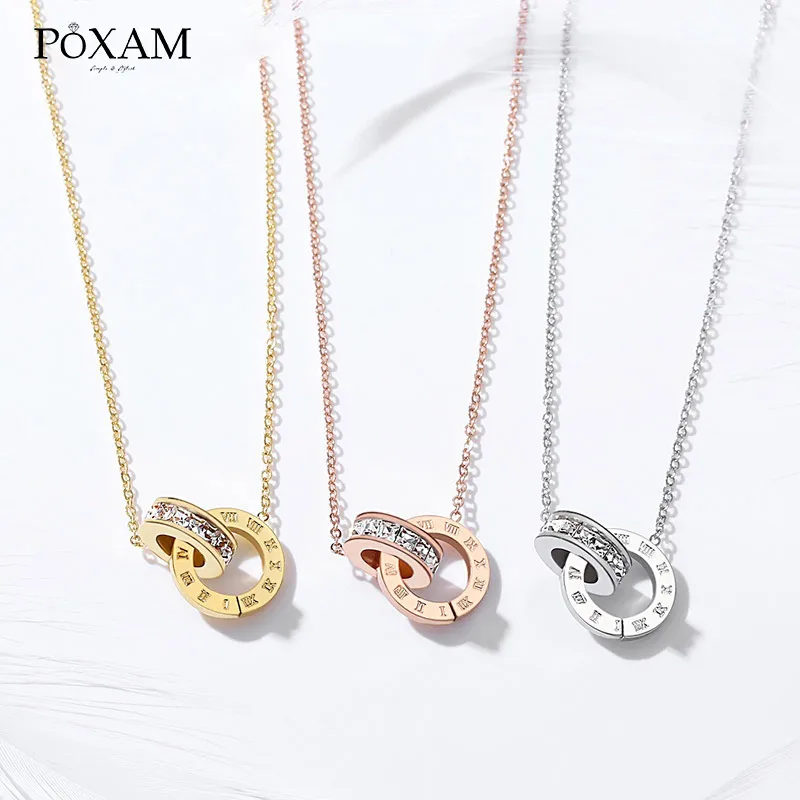 

POXAM Luxury Elegant Crystal Choker Fashion Roman Digital Stainless Steel Gold Silver Color Pendant Necklaces for Women Jewelry