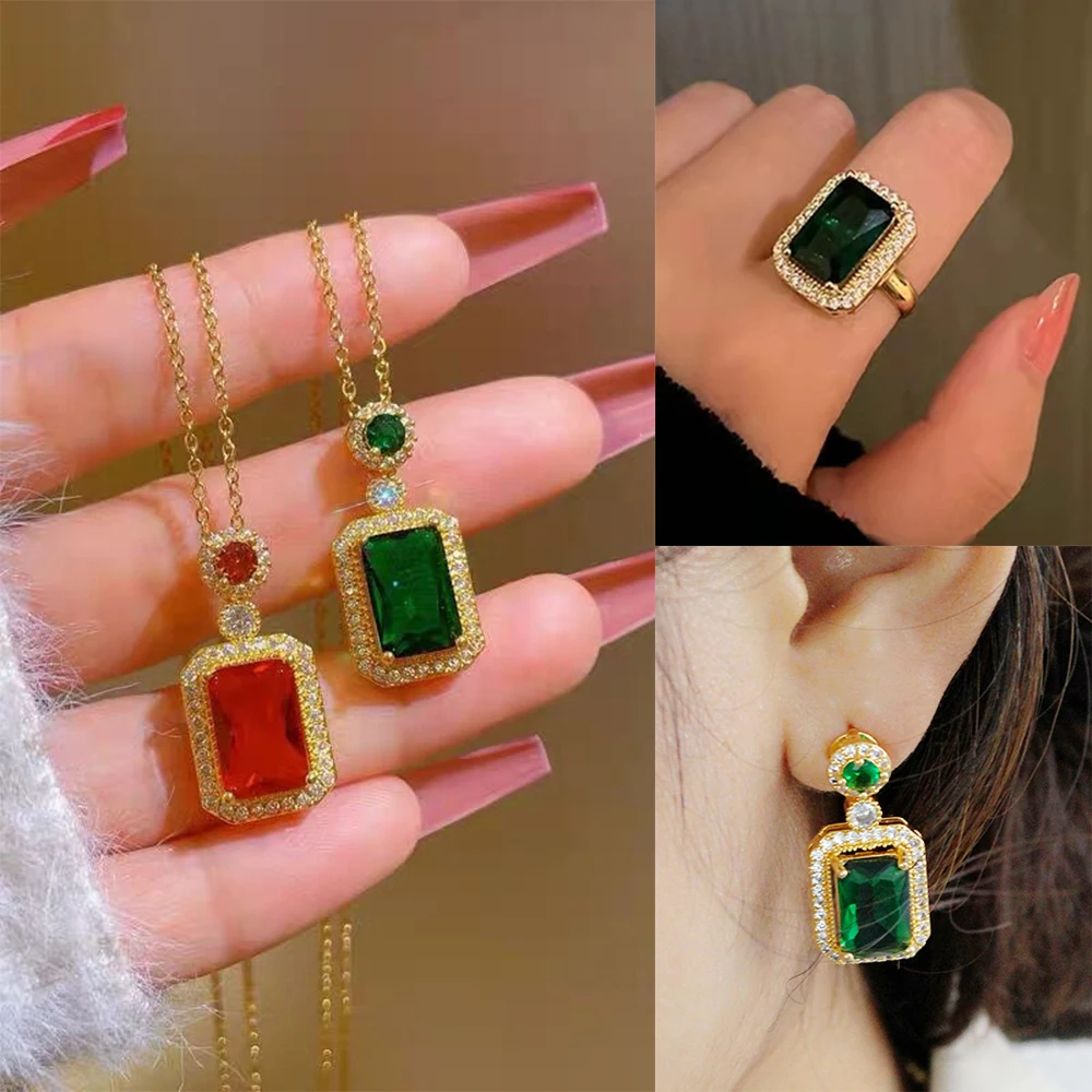 

CARLIDANA 3pcs Set Large Square Emerald Green Zircon Pendant Necklace/Ring/Earrings Luxury Party Gift Wedding Jewelry for Women