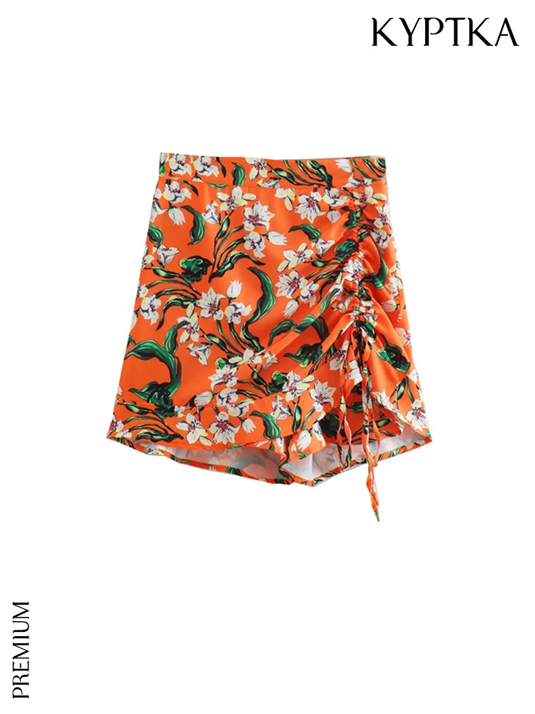 

KYPTKA Women Fashion With Drawstring Printed Ruffled Shorts Skirts Vintage High Waist Side Zipper Female Short Pants Mujer