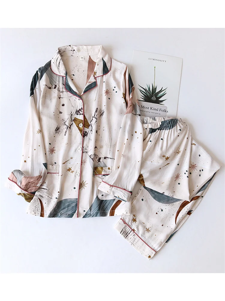 

Spring Summer New 100% Viscose Long Sleeve Tops Trousers Ladies Suits 2022 Fashion Print Thin Hot Sell Sets Dropship Low Price