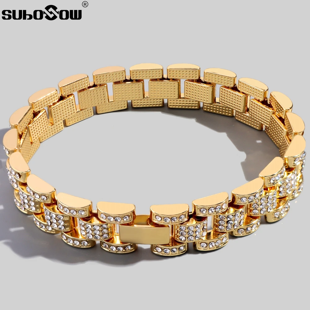 Hip Hop Iced Out Cuban Watch Chain Anklet For Men Women Gold Silver Color Luxury Rhinestone Miami Cuban Ankle Bracelet Jewelry