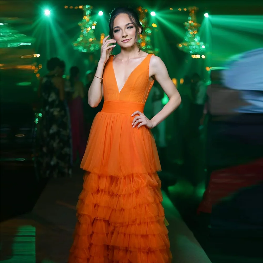 

Sevintage Orange Tiered Ruffles Tulle Prom Dresses V-Neck Saudi Arabic A-Line Pleat Ruched Evening Gowns Formal Party Dress 2023