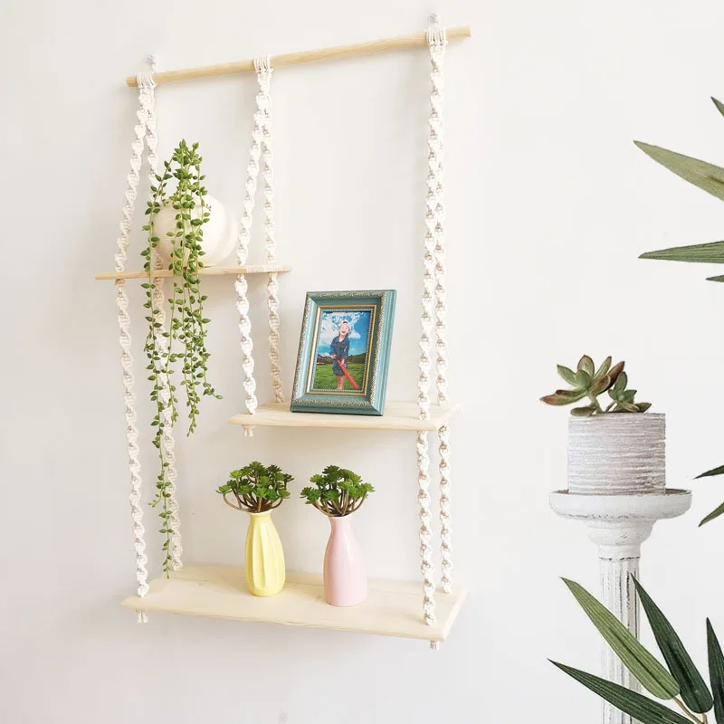 

Bohemian Handwoven Storage Rack Wood Macrame Cotton Rope Shelf Multilayer Boho Home Decor Wall Hanging Decoration Art Tapestry